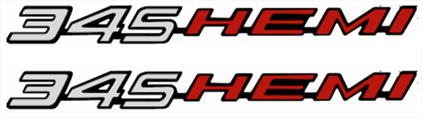 VC345HPCP - 2008- Present Challenger Charger Retro 345 HEMI Emblems (PAIR) for Hood, Shaker, or Fender. Chrome with Hemi orange.