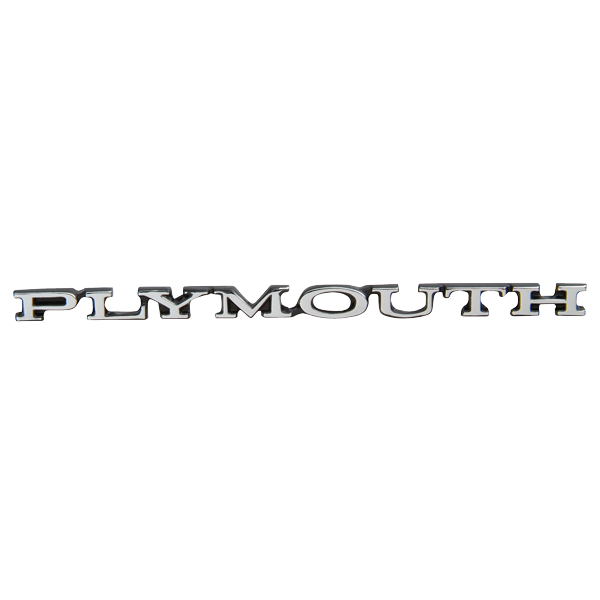 VC791 - PLYMOUTH script hood / rear deck emblem for 1968-72 models. Includes Hardware. This emblem measures 8 13/16" long. 2785791 REPRO