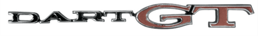 VC1896 - 1969 Dart GT Quarter Panel Emblem. Includes Hardware. Features Chrome Dart with Red GT attached.