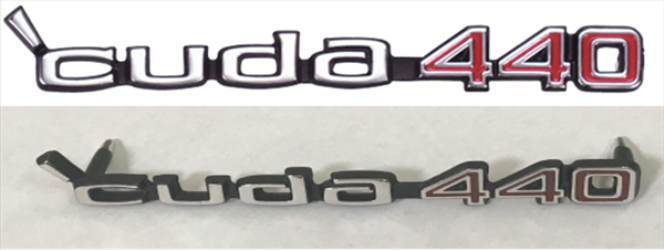 VC179 - 1970 1971 2 PIN Cuda Rallye dual scoop or Shaker Hood 'cuda 440 emblem. 3462272 Includes retainers.