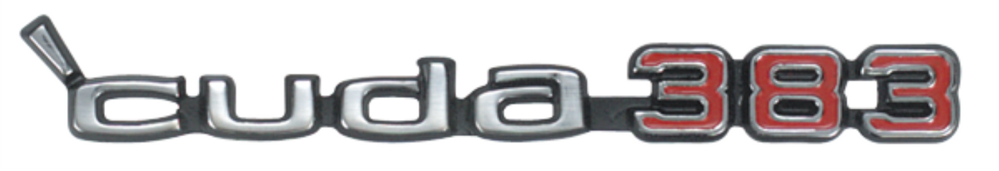 VC8796 - 1970 1971 Barracuda 'cuda 383 3 PIN shaker hood scoop emblem. Comes with hardware.