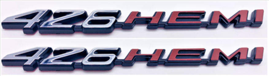 VC426HPCP - 2008- Present Challenger Charger Retro 426 HEMI Emblems for Hood, Shaker, or Fender. Pair. Chrome with Hemi orange.