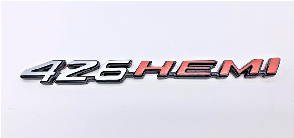 VC426HT - METAL 2008- Present Challenger Charger Metal Retro 426 HEMI Emblem for Hood, Shaker, or Fender. Brushed finish with Hemi orange. Made of Metal