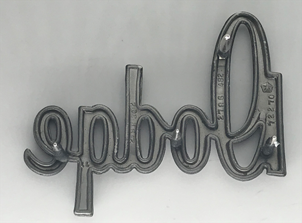 VC6482 - 1968 & 1970 Dart DODGE Script Hood and Trunk Emblem. Does not fit Hood on DART GT. 4 MOUNTING POSTS.