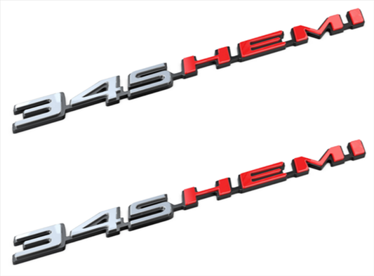 VC345HPCP - 2008- Present Challenger Charger Retro 345 HEMI Emblems (PAIR) for Hood, Shaker, or Fender. Chrome with Hemi orange.