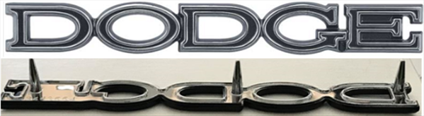 VC3554 - Fits various 1971 Dart Swinger and Demon  models Hood and Trunk. 3443554 3 Pin Emblem 5 1/4" long 11/16 tall.
