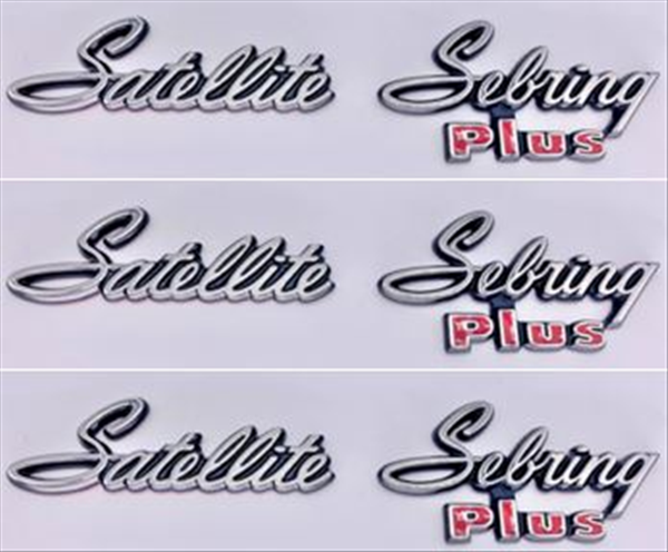 VC2863SET - Set of 3 1971-1972 Satellite Sebring Plus Quarter Panel and Trunk Lid Emblems. Adhesive Backed.  3 Satellite and 3 Sebring Plus emblems.