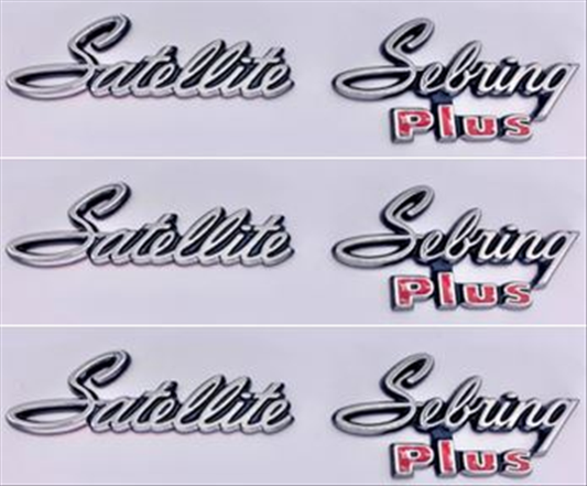 VC2863SET - Set of 3 1971-1972 Satellite Sebring Plus Quarter Panel and Trunk Lid Emblems. Adhesive Backed.  3 Satellite and 3 Sebring Plus emblems.