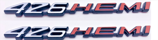 VC426HPSP - 2008- Present Challenger Charger Retro 426 HEMI Emblem for Hood, Shaker, or Fender. Pair, Stainless Silver finish with Hemi orange.  Plastic Tape On