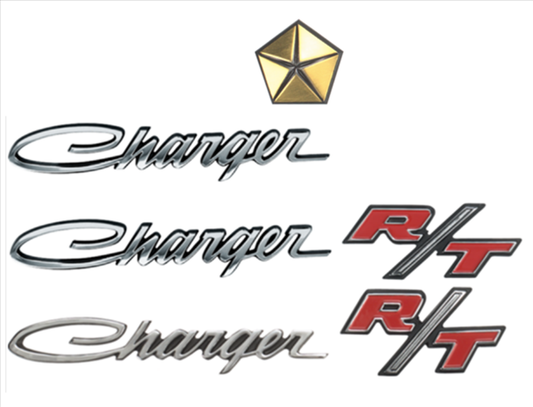 69CHRTSET - 1969 Charger R/T Emblem SET.  6 total emblems listed below and hardware as needed.