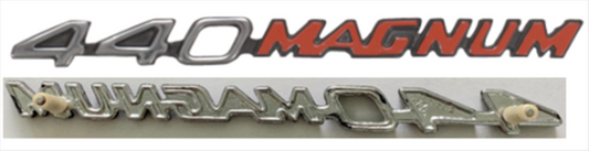 VC8802 - 1970 - 1971 Challenger 440 MAGNUM Hood Emblem for models with Dual Scoop Rallye Hood. Includes mounting hardware.