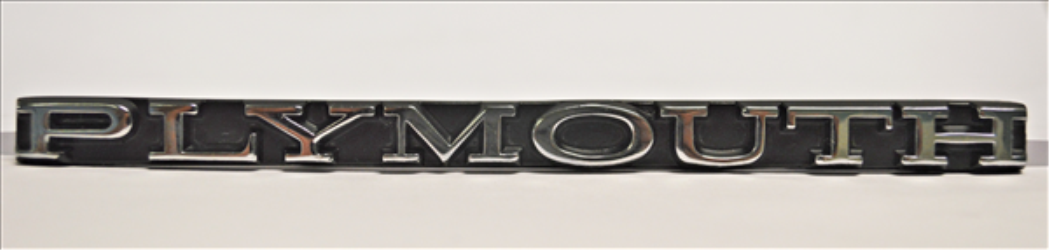 VC159 - 1970 Barracuda PLYMOUTH grille emblem with the correct font style with a chrome finish on a black background.  5 1/2 inches long.  Includes hardware.
