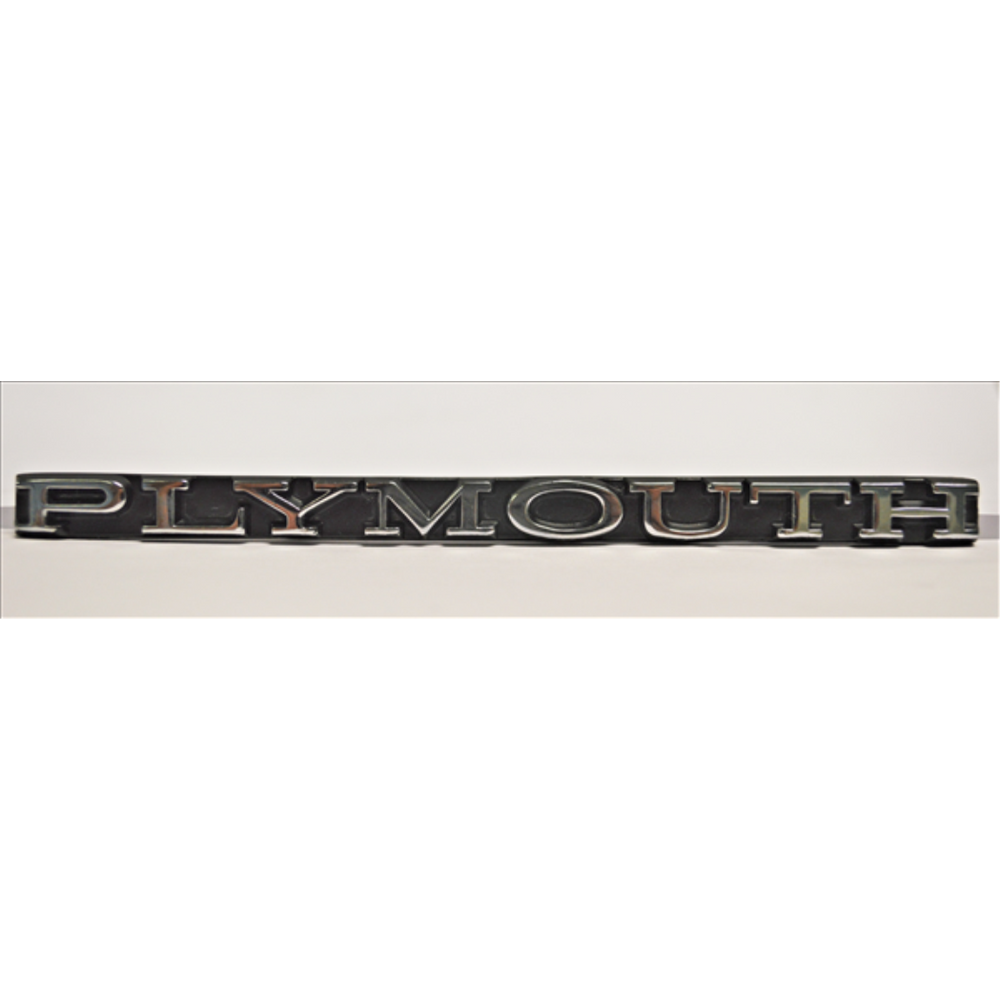 VC159 - 1970 Barracuda PLYMOUTH grille emblem with the correct font style with a chrome finish on a black background. 5 1/2 inches long. Includes hardware. - Mopar emblem product image