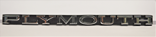 VC159 - 1970 Barracuda PLYMOUTH grille emblem with the correct font style with a chrome finish on a black background. 5 1/2 inches long. Includes hardware.