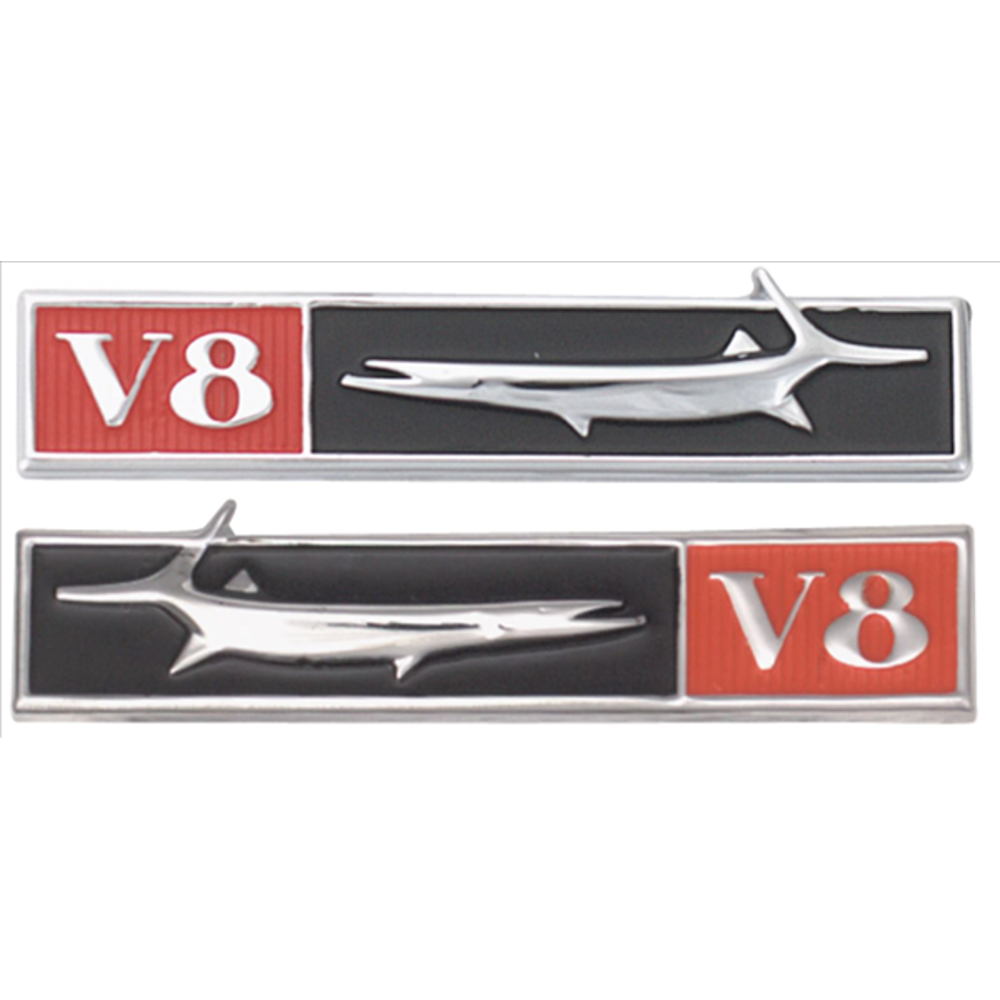 VC65901P - 1968 Barracuda Fish & V8 fender emblems. PAIR - Mopar emblem product image