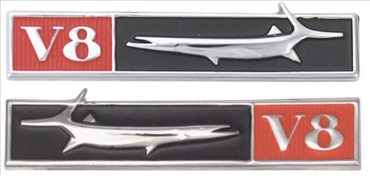 VC65901P - 1968 Barracuda Fish & V8  fender emblems.  PAIR