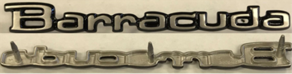 VC426 - 1971-74 Barracuda 3 PIN Door and tail panel emblem. Brushed Satin finish with Black accents.  Includes Hardware.  For Polished version use VC426POL    3505456