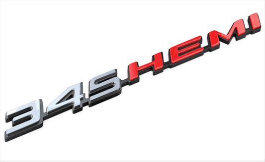 VC345HPC - 2008- Present Challenger Charger Retro 345 HEMI Emblem for Hood, Shaker, or Fender. Chrome with Hemi orange.