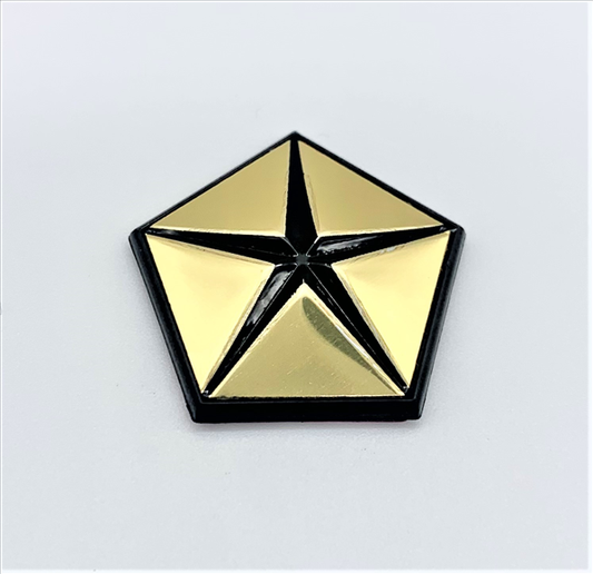 MY2TGLD - 1967- Current Mopar OE Gold MOPAR Pentastar emblem. Adhesive Backed. Fits Passenger side Fender on various Mopar models. Constructed of black plastic with gold foil face.