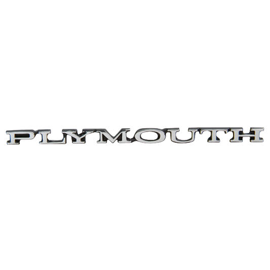 VC791 - PLYMOUTH script hood / rear deck emblem for 1968-72 models. Includes Hardware. This emblem measures 8 13/16" long. 2785791 REPRO