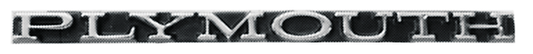 VC159 - 1970 Barracuda PLYMOUTH grille emblem with the correct font style with a chrome finish on a black background.  5 1/2 inches long.  Includes hardware.