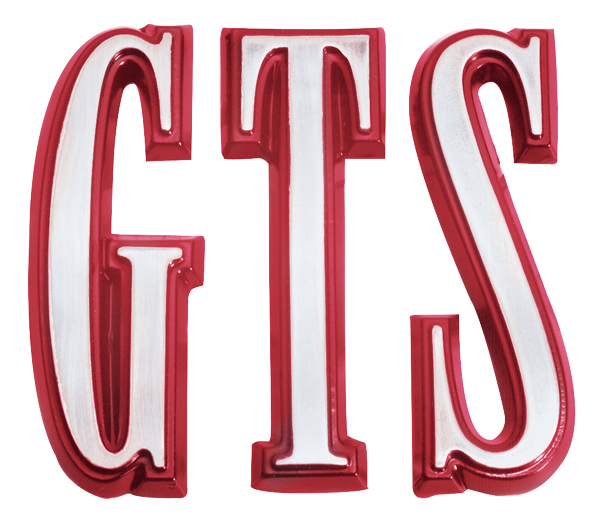 VC184RED - 1968 Dart GTS Hood and Trunk Lid Letters, Red. Includes mounting hardware. - Mopar emblem product image