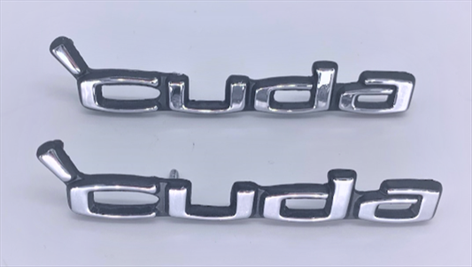VC195POL - 1970-1974 Cuda door panel emblems PAIR. Polished finish with black edges.