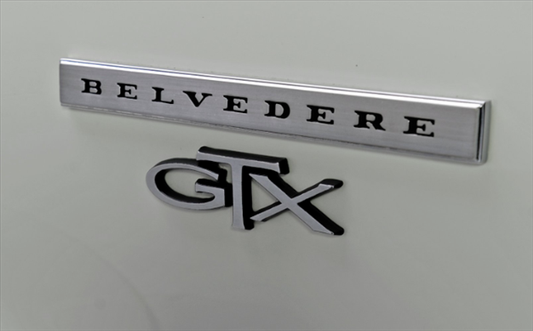 VC2115 - 1967 GTX Belvedere  fender emblem.  Brushed Face with Black satin letters and polished chrome sides as original. 2582115