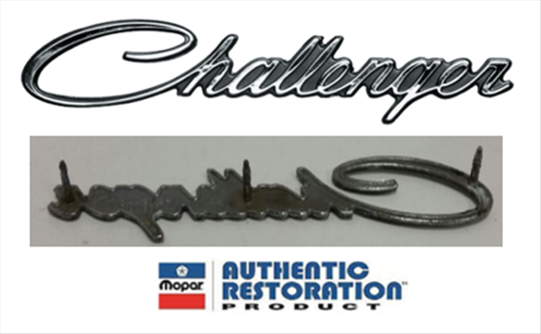 VC212 - 1970-1974 Challenger emblem with STUDS.  Fits 1970 Fender and Decklid, 1971 Fender and 1972-1974 Quarter Panel.    NOTE:  If you have a 1971 and need 3 pin Challenger Tail Panel emblem use VC0519
