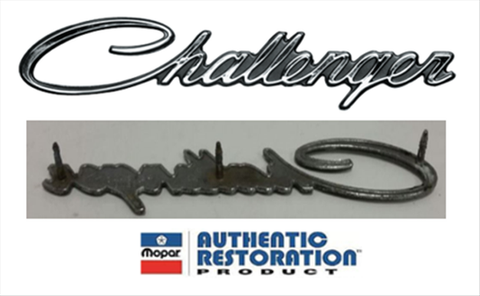 VC212 - 1970-1974 Challenger emblem with STUDS. Fits 1970 Fender and Decklid, 1971 Fender and 1972-1974 Quarter Panel. NOTE: If you have a 1971 and need 3 pin Challenger Tail Panel emblem use VC0519