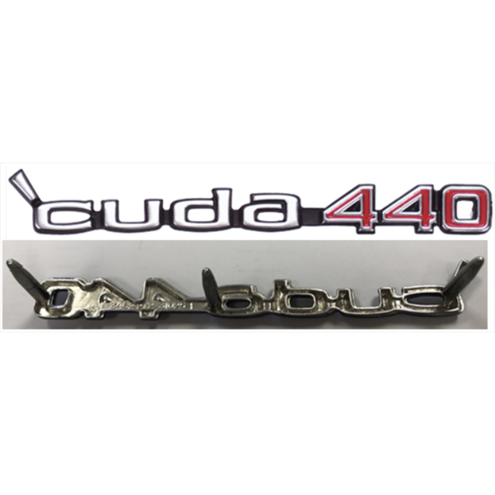 VC2272 - 1970 1971 3 PIN Cuda Rallye dual scoop or Shaker Hood 'cuda 440 emblem. 3462272 Includes retainers. - Mopar emblem product image