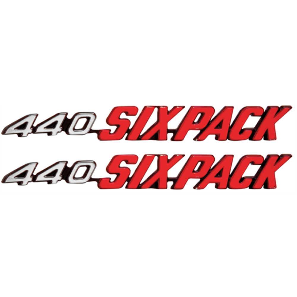 VC24912 - 1970-1971 Challenger Drivers and Passenger Side 440 Six Pack Emblems for models with a Shaker Hood. Pair. These are tapered emblems per side. - Mopar emblem product image