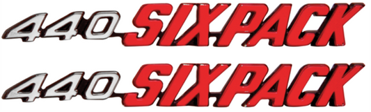 VC24912 - 1970-1971 Challenger Drivers and Passenger Side 440 Six Pack Emblems for models with a Shaker Hood. Pair. These are tapered emblems per side.