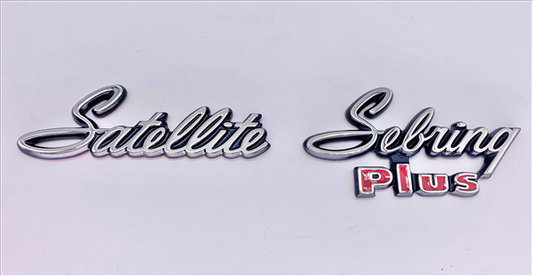 VC2863SET - Set of 3 1971-1972 Satellite Sebring Plus Quarter Panel and Trunk Lid Emblems. Adhesive Backed.  3 Satellite and 3 Sebring Plus emblems.