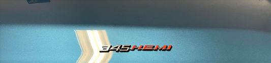 VC345HPC - 2008- Present Challenger Charger Retro 345 HEMI Emblem for Hood, Shaker, or Fender. Chrome with Hemi orange.