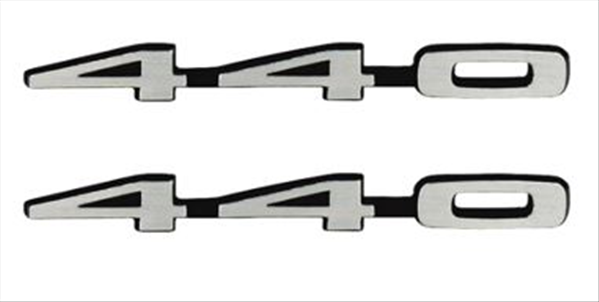 VC8878 - 1 PAIR of 440 hood nameplates for 1969 GTX, 1969-1970 Coronet R/T, Super Bee with Ramcharger hood, and 1970 Sport Fury models. Brushed Finish