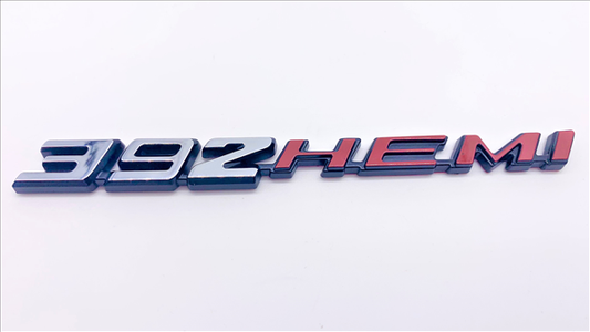 VC392HPC - 2008- Present Challenger Charger Retro 392 HEMI Emblem for Hood, Shaker, or Fender. Chrome with Hemi orange.