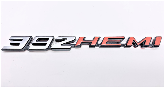 VC392HT - METAL 2008- Present Challenger Charger Metal Retro 392 HEMI Emblem for Hood, Shaker, or Fender. Brushed finish with Hemi orange. Made of Metal