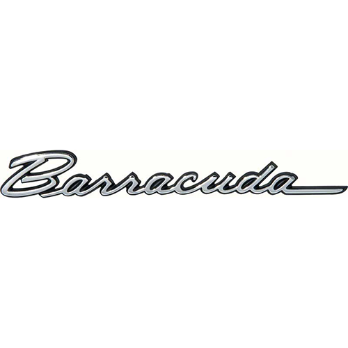 VC404 - 1968 Barracuda script fender emblem. CHROME WITH BLACK TRIM. EACH
