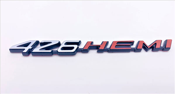 VC426HPS - 2008- Present Challenger Charger Retro 426 HEMI Emblem for Hood, Shaker, or Fender. Stainless Silver with Hemi orange. 2008- Present Challenger Charger Retro 426 HEMI Emblem for Hood, Shaker, or Fender. Silver with Hemi orange. Plastic Tape On.