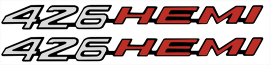 VC426HPSP - 2008- Present Challenger Charger Retro 426 HEMI Emblem for Hood, Shaker, or Fender. Pair, Stainless Silver finish with Hemi orange.  Plastic Tape On