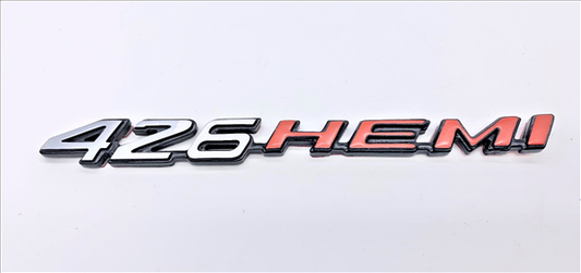 VC426HT - METAL 2008- Present Challenger Charger Metal Retro 426 HEMI Emblem for Hood, Shaker, or Fender. Brushed finish with Hemi orange. Made of Metal