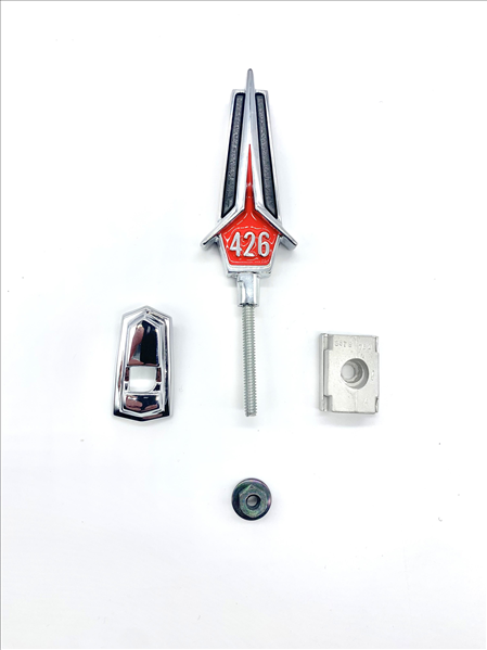 VC5387RED - 1967 GTX 426 Hood Ornament Assembly. Color : Red