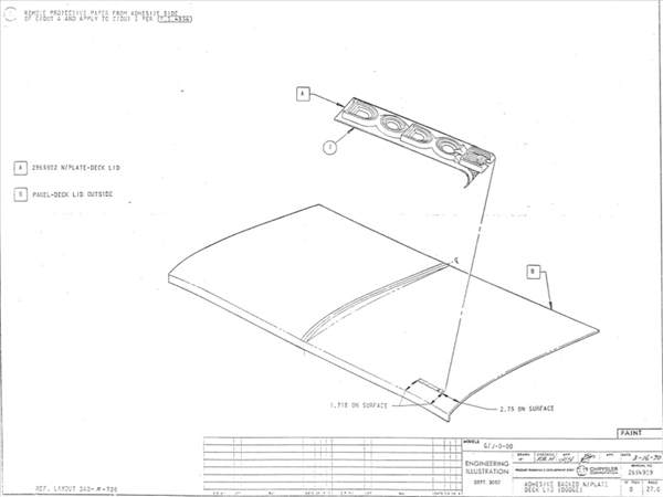 VC5502T - Fits various 1971 Dart Swinger and Demon  models Hood and Trunk. Adhesive Backed.