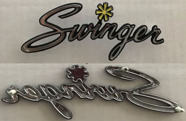 VC6102 - 1970-1975 Swinger FENDER / QUARTER / TRUNK emblem . Three stud emblem.  Fits various years fender, quarter and trunk..