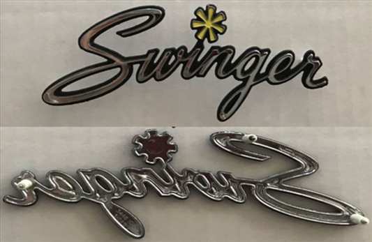 VC6102 - 1970-1975 Swinger FENDER / QUARTER / TRUNK emblem . Three stud emblem. Fits various years fender, quarter and trunk..