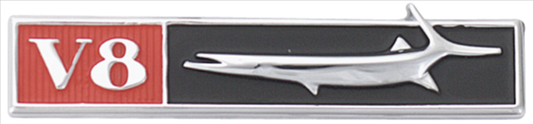 VC6591 - 1968 Barracuda LH Drivers Side Fish & V8 Fender Emblem.