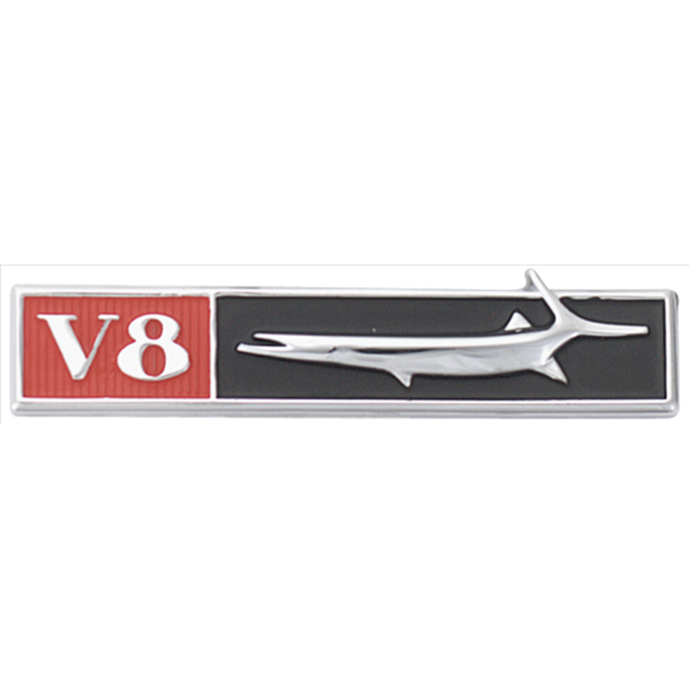 VC6591 - 1968 Barracuda LH Drivers Side Fish & V8 Fender Emblem. - Mopar emblem product image